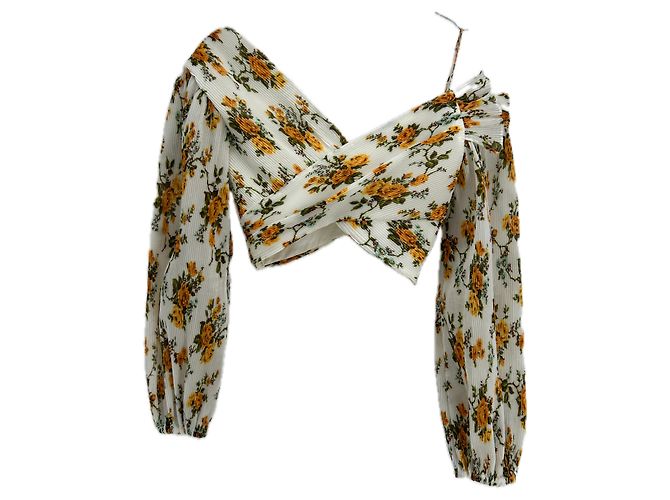 Zimmermann Plissiertes Crop-Top mit Blumenmuster Weiß Gelb