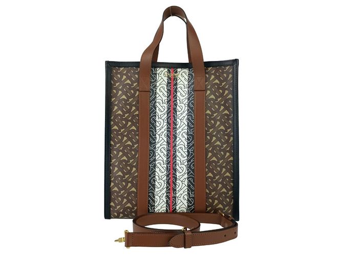 Burberry Small Monogram Stripe E-Canvas Portrait Tote Bag Braun