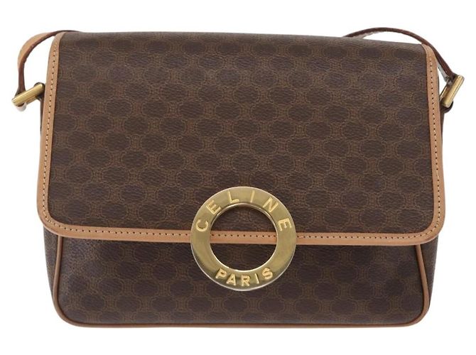 Céline Celine Vintage Macadam Circle Logo Canvas et cuir Marron