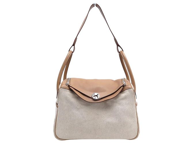 Hermès BOLSA HERMES LINDY 30 2008 EM CANVAS E COURO SWIFT BEGE