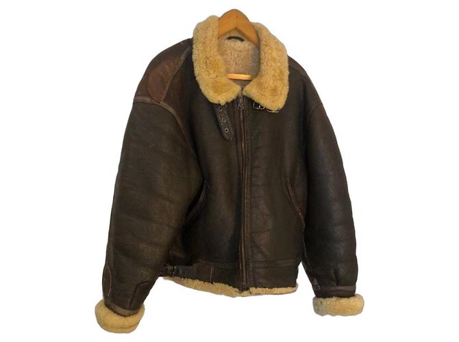 Autre Marque Brown leather aviator jacket with shearling collar