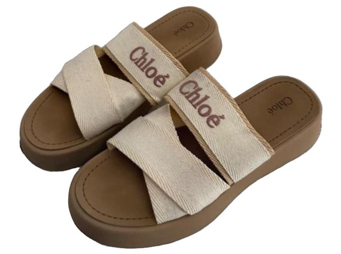 Chloé Mila Beige Canvas Wedge Sandals