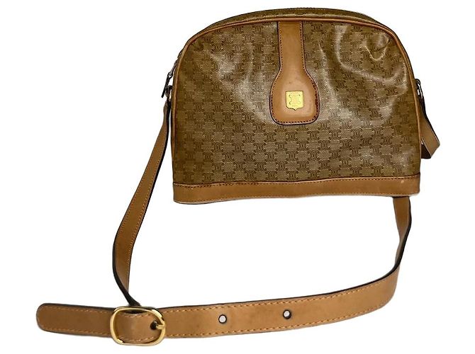 Céline Vintage Celine Paris Triomphe Monogram Camel Leather Shoulder Bag