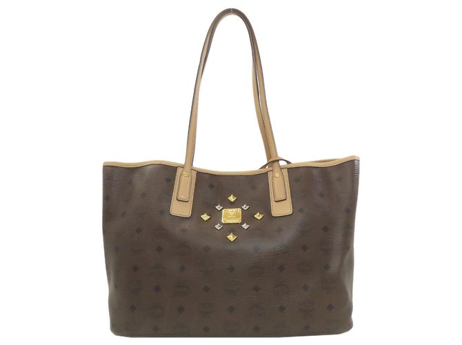 Borsa Tote MCM Logo Beige e Marrone Scuro PVC