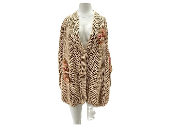 Autre Marque Beige Oversize-Cardigan mit bestickten Blumen