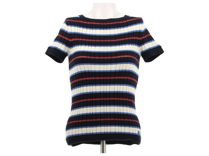T-shirt a righe in cotone blu Chanel