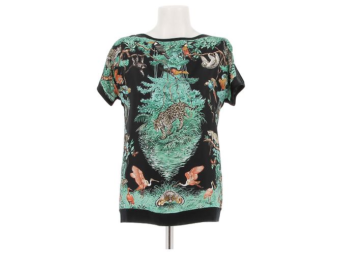 Hermès T-shirt nera stampata in seta Multicolore