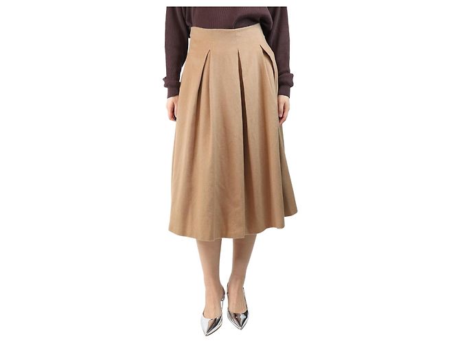 Max Mara Beige plissierter Kamelwollrock - Größe UK 12