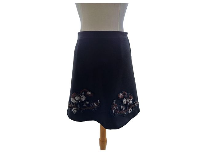 Saia Trapézio Miu Miu Preta de Lã com Renda e Pérolas Preto