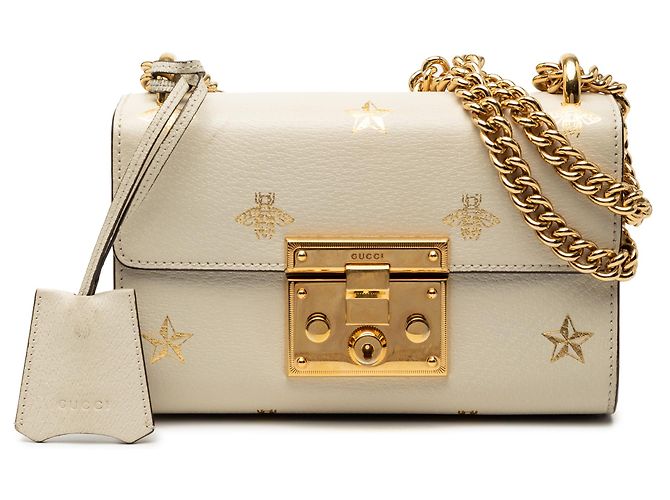 Padlock Gucci Pequena Bolsa de Couro Branca com Estrela e Fecho de Abelha Branco