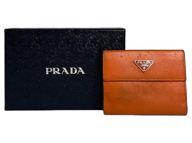 Saffiano Vintage Prada Triangle Leather Wallet Orange