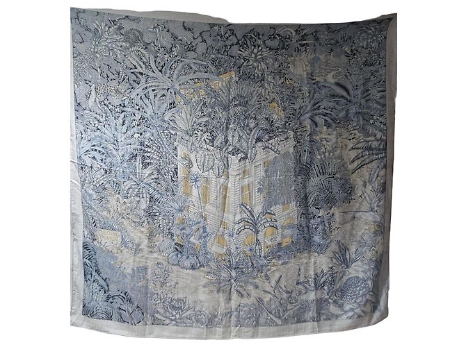 Sciarpa Hermès 'Faubourg Tropical' in cashmere Bianco Blu Beige