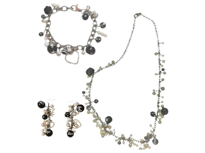 Magnifica parure DOLCE & GABBANA collana bracciale orecchini con perle nere swarovski logo e scritte Nero Argento