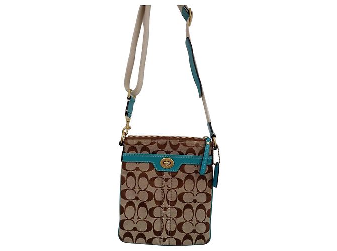 Borsa a spalla Coach monogramma marrone e turchese