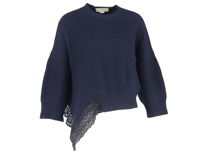 Stella Mc Cartney Asymmetrischer Pullover aus navyblauem Kaschmir mit Spitzenbesatz von Stella McCartney Marineblau