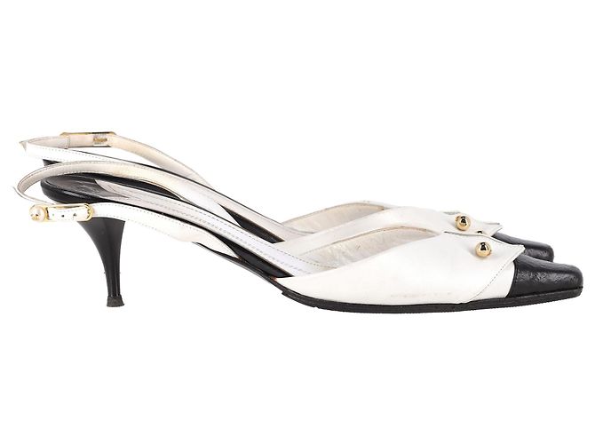 Timeless Chanel CC Slingback Kitten Heel Pumps in White Leather