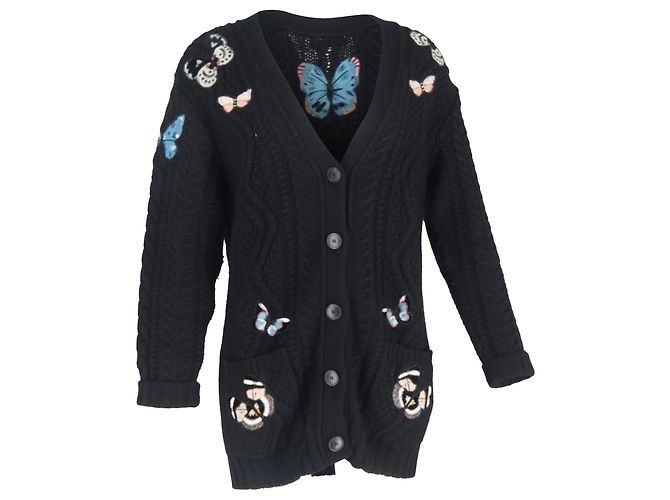 Valentino Garavani Valentino Applizierte Kabelstrick-Cardigan aus schwarzer Wolle