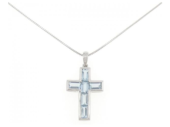 Autre Marque Aquamarin-Diamant-Halskette Pt900/Pt850 Silber