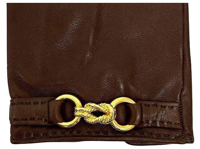 Luvas de couro marrom Hermès com hardware dourado torcido