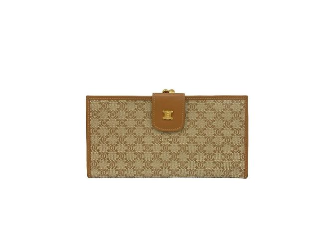 Céline Celine Macadam Triomphe Logo Leder Bifold Geldbörse mit Verschluss Braun Beige
