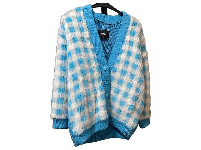 Fendi Blue and White Checkered Fur Jacket Sweater