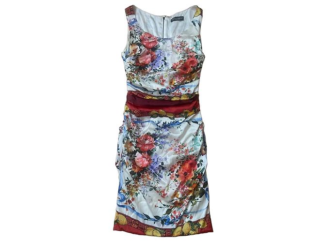 Seidenkleid mit Blumenmuster von Dolce & Gabbana Weiß Rot Mehrfarben Grün Gelb