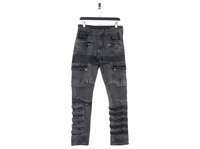 Balmain Bondage-Strap Biker Cargo Denim Jeans Grey