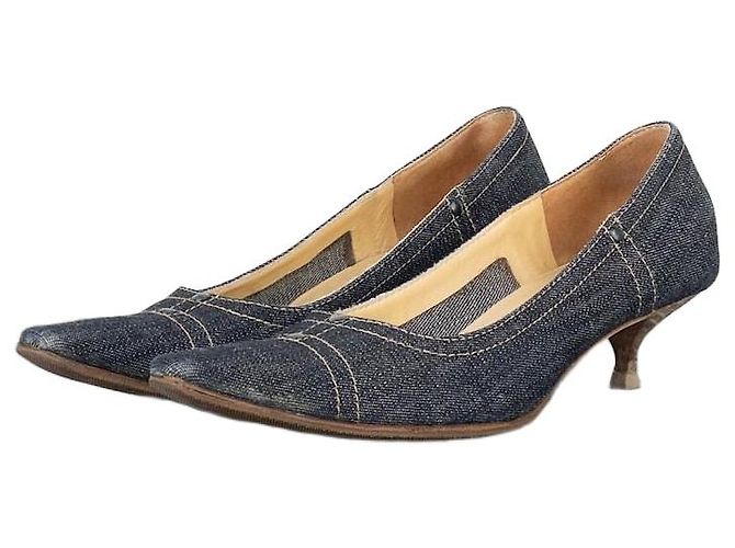 Miu Miu 2000s Square Toe Denim Kitten Pump Heels