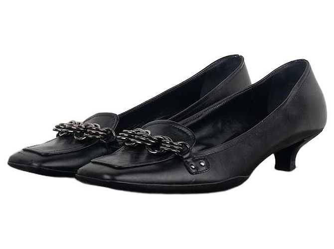 Prada 2000s Square Toe Chain Loafer Pump Kitten Heels Black