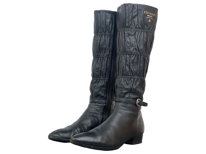 Prada 2000s Knee-High Ruffle Heel Boots Black