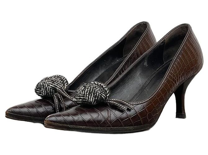 Bow Prada 2000er spitze Krokodil-Print Kitten Heels Braun