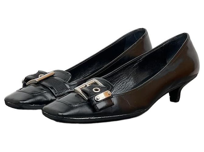 Prada 2000s Square Toe Buckle-Strap Pump Kitten Heels Black