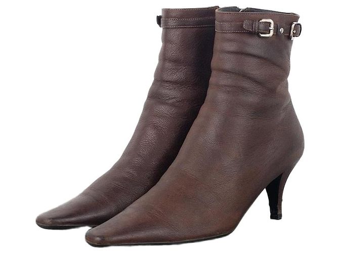 Prada 2000s Square Toe Buckle Kitten Heel Ankle Boots Brown