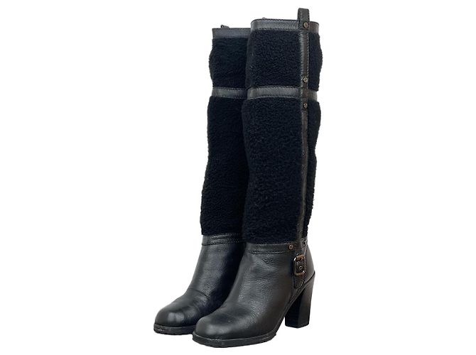 Céline Celine Knee-High Shearling ‘Claude’ Biker Heel Boots Black