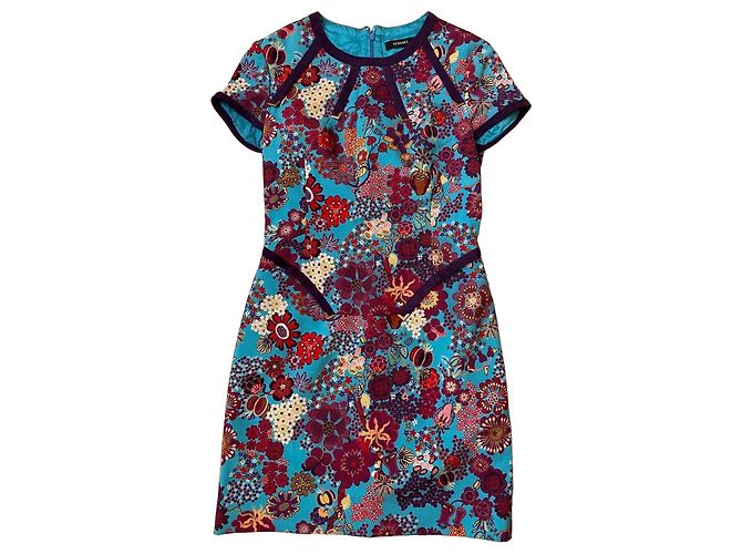 Versace Kleid mit Blumenmuster Rot Blau Lila