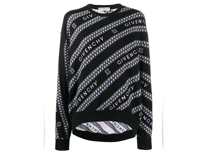 Suéter de malha com listras diagonais e logo Givenchy Preto Branco