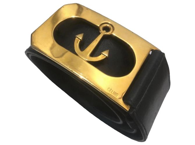 Céline Celine Ledergürtel mit Anker-Schnalle Schwarz Golden