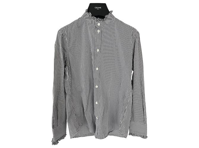 Céline Striped cotton blouse with ruffled collar Black White