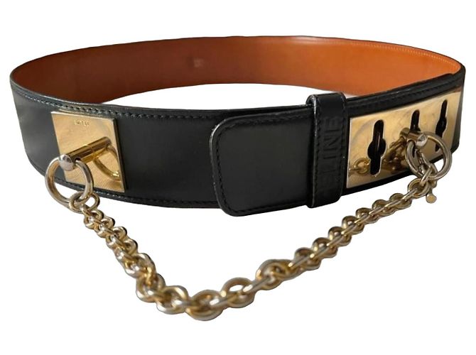 Céline Cinto de couro Celine com hardware dourado e corrente Preto Gold hardware