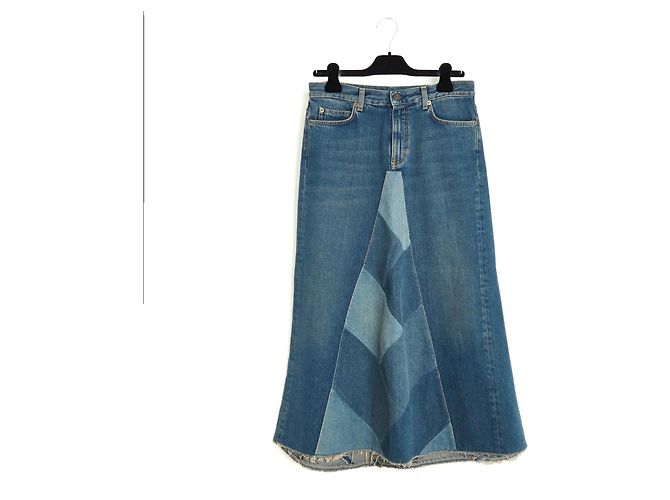 Saint Laurent 2014 Gonna Patchwork FR40 Slimane Denim Midi UK12 US29 Blu
