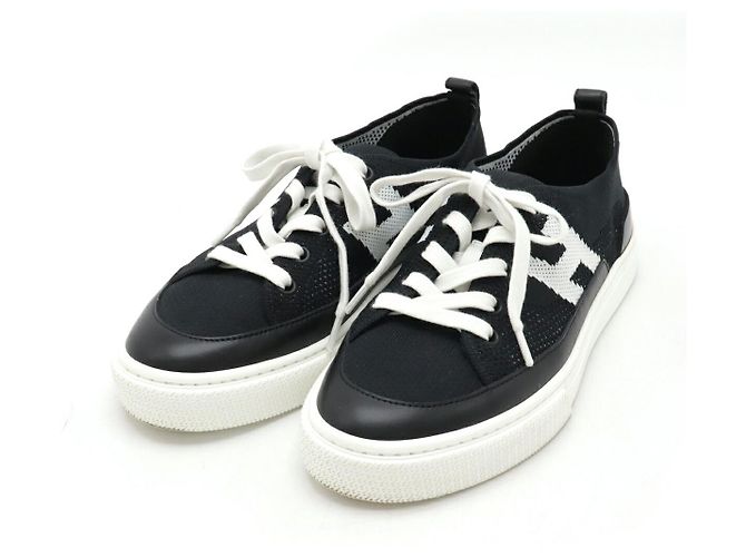 Hermès Tiefe Strick-Leder-Sneaker Schwarz Weiß