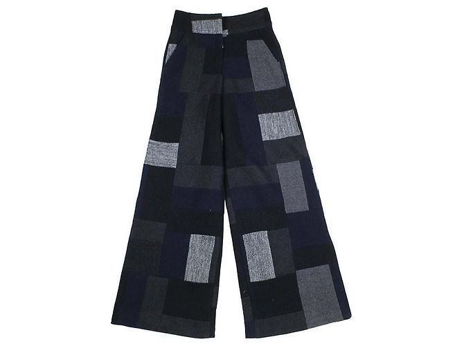 Calça larga Chanel em lã com padrão de patchwork preto e cinza