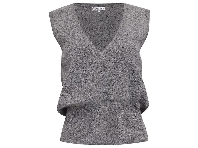 Camiseta sem mangas em algodão cinza com detalhe em renda V-Neck da Jw Anderson