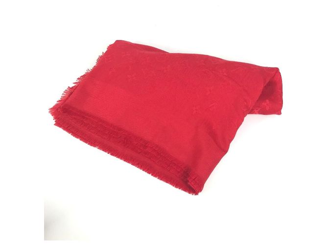 LOUIS VUITTON Echarpe de lã e seda Monogram com franjas para mulheres Vermelho