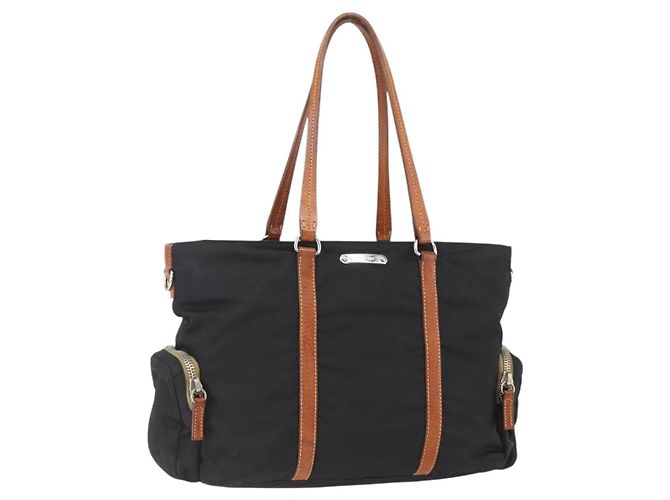Sac Tote Miu Miu en Nylon Cuir Noir Marron Argent Auth 164862 Argenté
