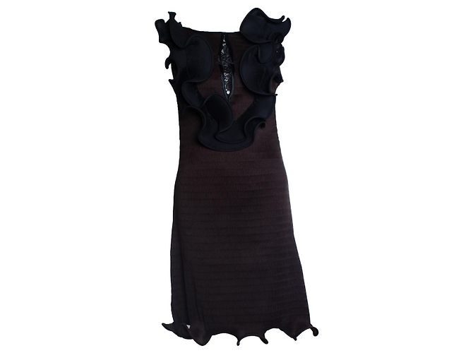 Autre Marque Arrey Kono, Vestido midi com babados e pregas Marrom Preto