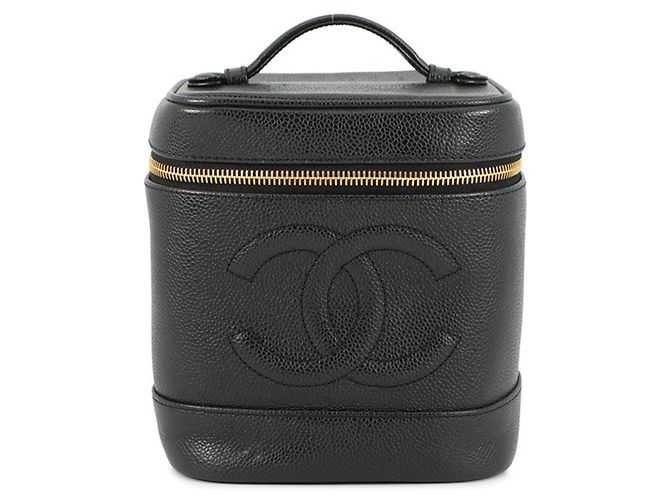 Bolsa Vanity Chanel com marca Coco e pele de caviar, preta Preto
