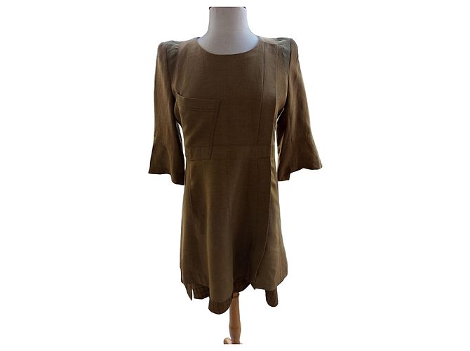 Vestido Chloé Khaki de Seda e Linho Caqui