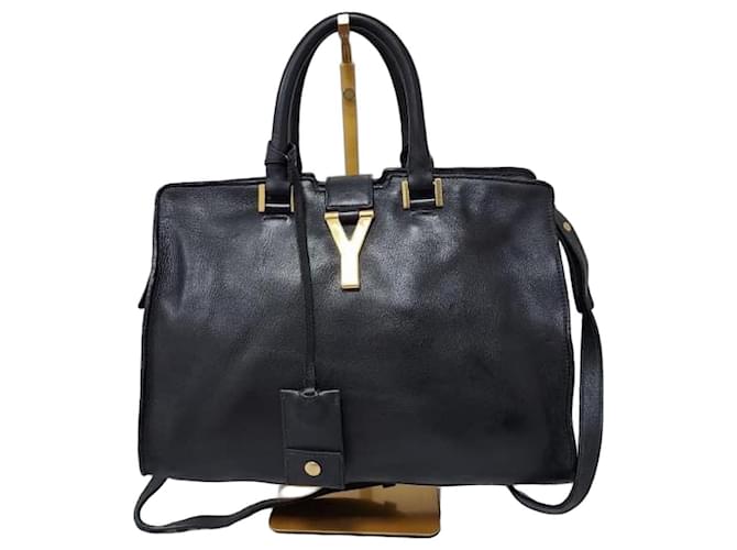 YVES SAINT LAURENT Mousse Cuir de Veau Lisse Petit Cabas ChYc Sac à Bandoulière Noir 