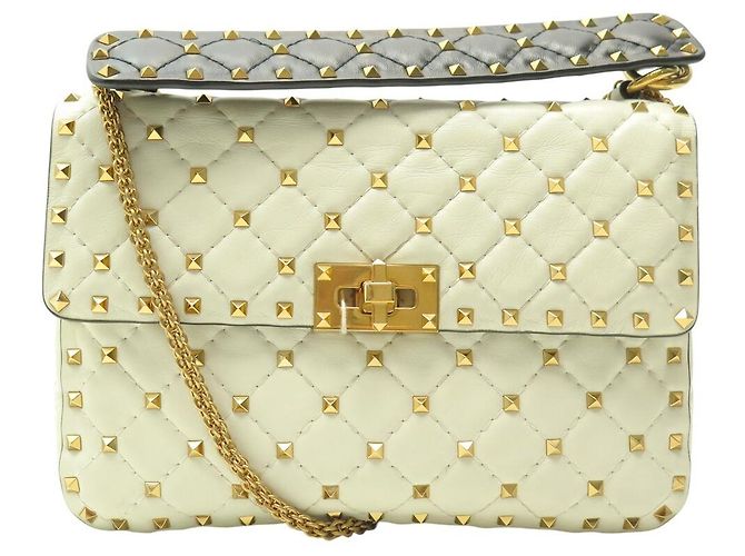 BOLSA DE OMBRO VALENTINO ROCKSTUD SPIKE MÉDIA EM COURO ECRU